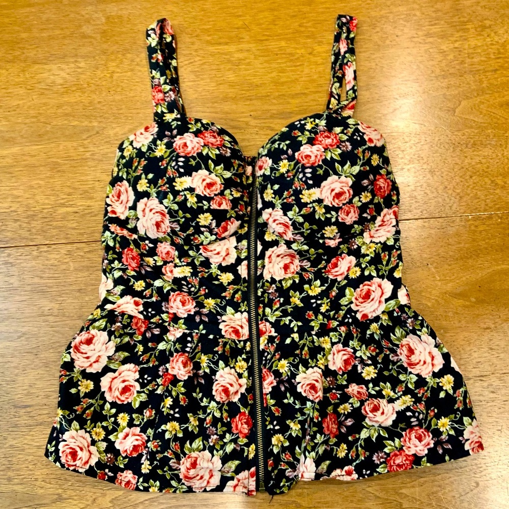 Poetry bustier style black floral tank top with zipper and peplum